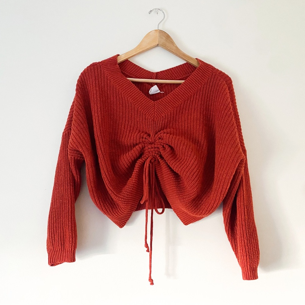 Orange Autumn Fall Knit Front Tie Cropped Sweater